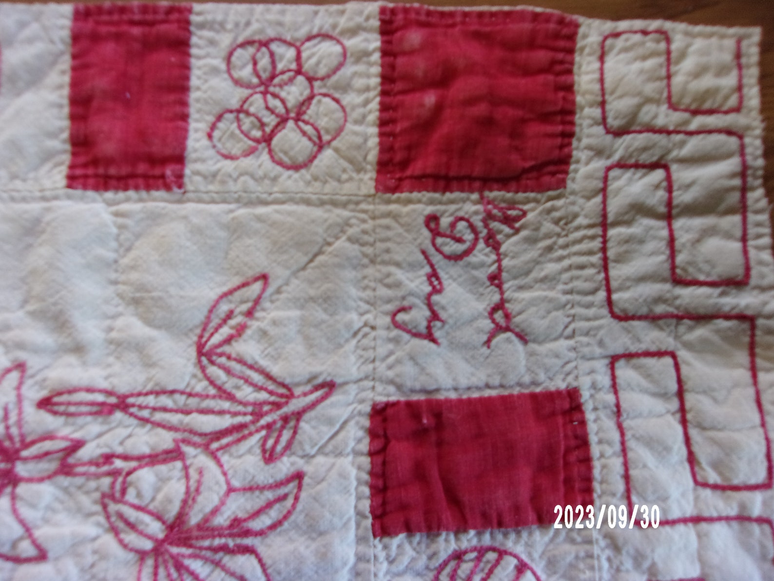 Antique 1893 Redwork Quilt Block - Flower Center - Hand Embroidered ...