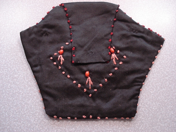 Antique Black Satin Purse - Orange Beads & French… - image 1