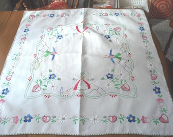 Darling Vintage Linen Tea Cloth - Tablecloth - Luncheon Cloth - Hand Embroidered Swiss Figures Flowers Hearts - 33" x 37"