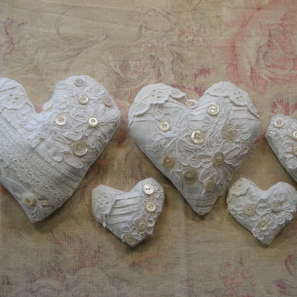 Elegant Set of 5 Handsewn Heart Sachets - Heirloom Gifts - Antique Materials Used - Laces & MOP Buttons - Damask Linen - Christening Gown
