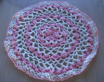 vintage Crochet Artisanal Doily - Rose & Blanc - Rond - 10 Pouces - #71