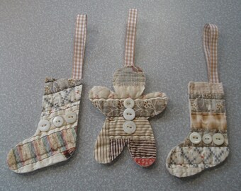 Set of 3 Christmas Ornaments - Made From Antique 1800's Quilt - 3 Antique Buttons - Primitive - Country Cottage - 3.5" x 4.5" - Set #4