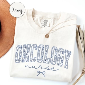 Comfort Colors® Oncology Nurse Shirt, Nursing Tee, ONC RN Grad Gift For School Graduation Appreciation, Floral Blue Toile, Cancer Awareness