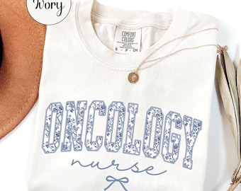 Comfort Colors® Oncology Nurse Shirt, Nursing Tee, ONC RN Grad Gift For School Graduation Appreciation, Floral Blue Toile, Cancer Awareness