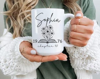 Personalized 50th Birthday Coffee Mug, Born 1976, Custom Fifty Birthday Gift for Women Her, Funny 50 Year Old Mom, Book Lover Present Wife