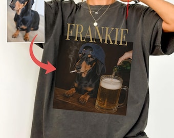 Personalized Photo Dachshund Wiener Drinking Beer Shirt, Custom Funny Picture Dog Novelty Meme Graphic Tee, Sarcastic Women Men Present Cat