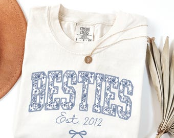 Personalized Besties Est Year Shirt, Matching BFF Tee, Custom Friendship Present , Best Friend Birthday Gift, Coquette Bow Toile Graphic Tee