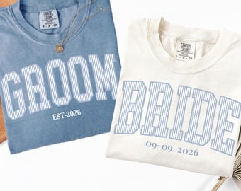 Comfort Colors® Custom Bride & Groom T-shirt, Personalized Engagement Tee, Honeymoon Matching Outfit, Just Married Gift, Wedding Party Shirt