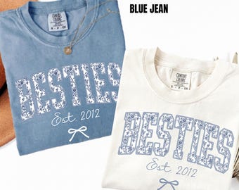 Personalized Besties Est Year Shirt, Matching BFF Tee, Custom Friendship Present , Best Friend Birthday Gift, Coquette Bow Toile Graphic Tee