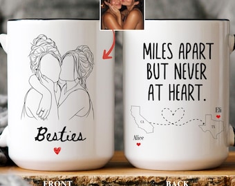 Long Distance Best Friends Mug, Custom State Map Cup, Personalized Besties Photo Picture Present, Moving Away Gift for Friend,  Line Art