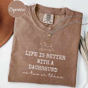 May include: Espresso-coloured t-shirt with the text "LIFE IS BETTER WITH A DACHSHUND or two or three" in white. A silver necklace with a pendant is draped across the shirt. The shirt is a Comfort Colors brand, size S-P-CH.