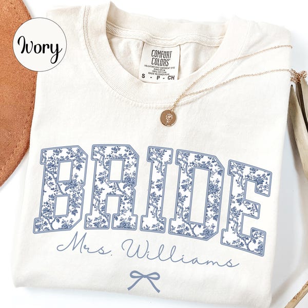 Custom Bride Shirt Blue Toile, Personalized Mrs Name Bridal Shower Gift, Chinoiserie Bride Tee, Engagement  Day Getting Ready, Bachelorette