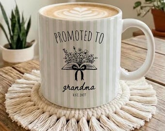 Promoted to Grandma Est 2027 Mug, Pregnancy Announcement Gift, First Time New Nana Present, Grandparents Reveal Book Lover Floral Coffee Mug