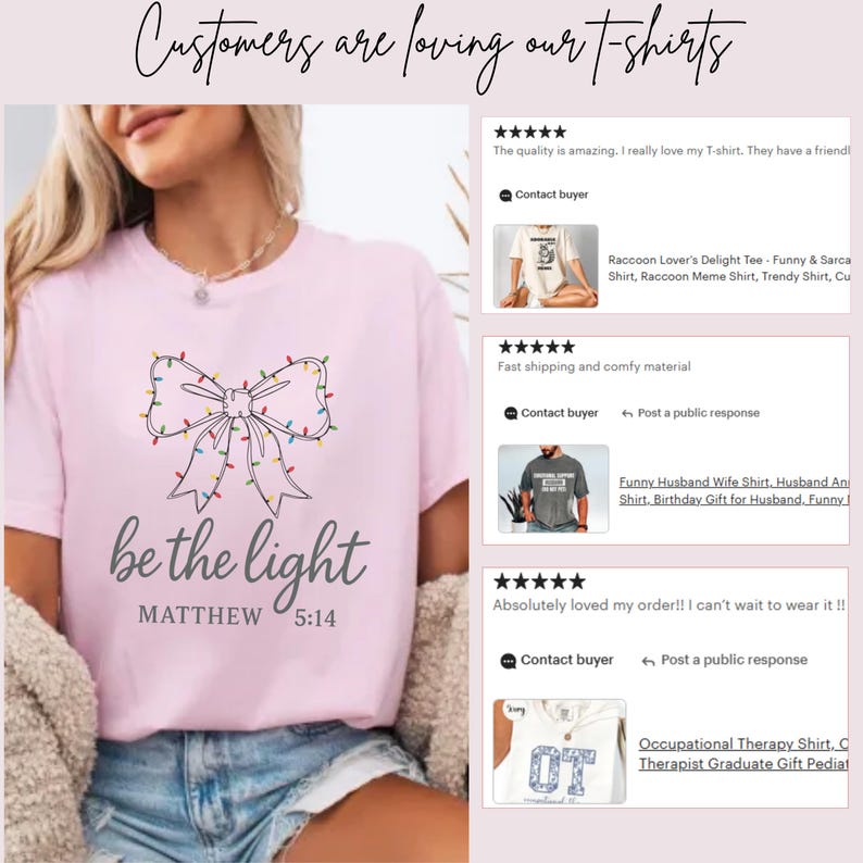 May include: A light pink t-shirt with a bow design made of Christmas lights and the words "be the light" and "Matthew 5:14" printed on the front. The image also shows customer reviews.