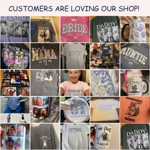 May include: A collage of custom apparel and drinkware featuring personalized photo prints, graphic text designs, and illustrations. Items include t-shirts with family-themed text, mugs with floral patterns or beer graphics, and various photo-collage garments.