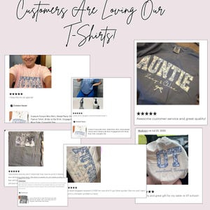 May include: A collage of customer reviews for t-shirts, featuring designs with text such as "AUNTIE" and "occupational therapy". The reviews include star ratings and comments, indicating positive customer experiences with the t-shirts.