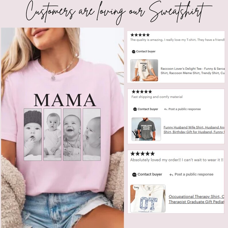 May include: A light pink t-shirt featuring the word MAMA in black text above four vertical rectangular photo frames containing black and white portraits of a baby. The image includes customer reviews with five-star ratings and text.