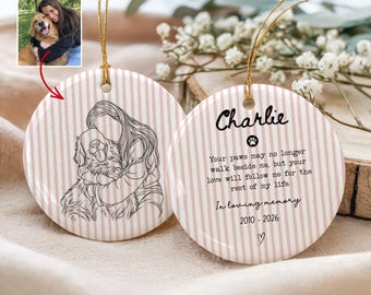 Personalized Pet Memorial Ornament, Custom Dog Photo Keepsake, Pet Picture Loss Gift, Remembrance for Dog Owner, Striped Dog & Cat