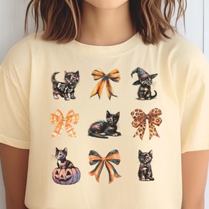 T-shirt unisexe Halloween coquette chaton écaille, chemise chat Halloween, joli t-shirt noeud orange, esthétique girly, cadeau pour elle