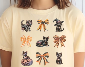Coquette Tortoiseshell Kitten Halloween Unisex T-Shirt, Halloween Cat Shirt, Cute Orange Bow Tee, Girly Girl Aesthetic, Gift for Her