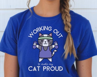 Cute Cat Exercise T-shirt, Funny Fitness Shirt, Exercise Cat Top, Cat Lover Gift, Gym Kitty T-Shirt, Weightlifting Cat Apparel