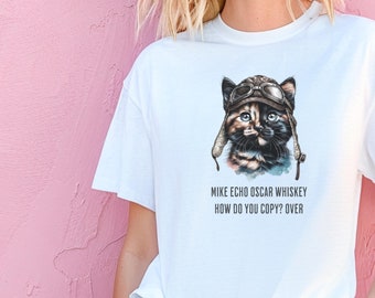 Funny Kitten Unisex Comfort Colors T-Shirt, Mike Echo Oscar Whiskey Meow Shirt, Tortoiseshell Cat Pilot Tee, Aviation Apparel, Gen Z humor