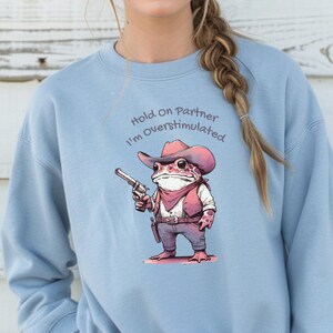 May include: Light blue sweatshirt featuring a cartoon frog dressed as a cowboy, holding a gun. The frog wears a pink cowboy hat, vest, and bandana. Text above the frog reads "Hold On Partner I'm Overstimulated."