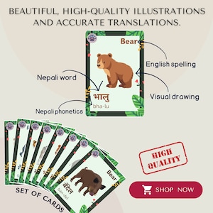 Cartões de memória de animais selvagens nepaleses, download digital, cartões de memória educacionais para crianças, aprendizagem da língua nepalesa, inspirados em Montessori