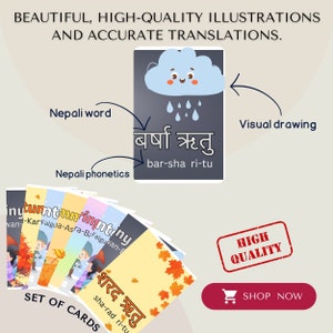 Tarjetas didácticas sobre las estaciones y el clima en nepalí para niños, descarga digital, tarjetas didácticas educativas para niños, aprendizaje del idioma nepalí, inspiradas en Montessori