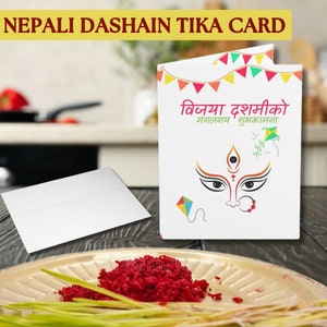 Dashain Tika Grußkarte, Nepali Festival Grußkarte, glückliche Dashain-Karte mit Grüßen, Karte mit Dakchina Slot, teilen Sie Ihr Glück
