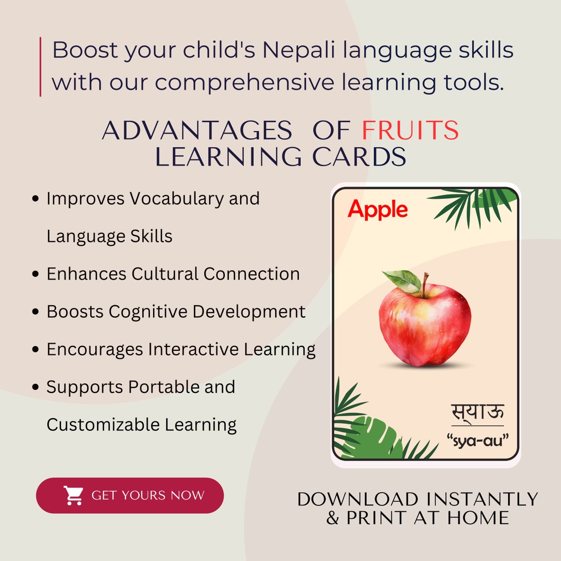 Nepali Fruits Flash Cards, Educational & Cultural Learning Tool for ...