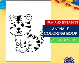 Può includere: Una pagina da colorare in bianco e nero con un tigre dei cartoni animati. La pagina è intitolata "Fun and Engaging Animals Coloring Book" con il testo "Digital Prints PDF" sotto.