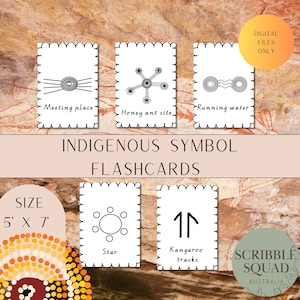 May include: Set of five black and white flashcards featuring Indigenous Australian symbols. Each card has a different symbol and its meaning written below. The symbols include a meeting place, honey ant site, running water, star, and kangaroo tracks. The cards are 5 inches by 7 inches.