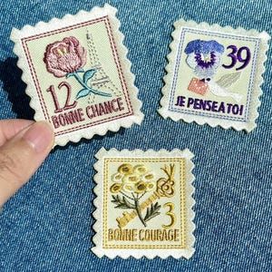 Flower Stamp Iron on Patch, Vintage Floral Embroidered Applique, Vintage Stamp Patch, Iron on Patches for Hat, Jeans, Jacket and Backpack