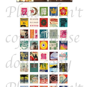 May include: A collection of 36 vintage travel and tourism themed digital scrapbook paper squares. The squares feature a variety of designs, including images of hotels, landmarks, and transport. The colours are bright and vibrant, and the overall style is retro and nostalgic.