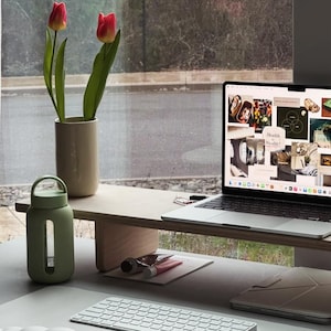 May include: A white laptop computer with a motivational collage on the screen is on a wooden stand. A green glass water bottle, a white keyboard, and a white mouse are on a gray desk mat. A vase with two pink tulips is on the stand.