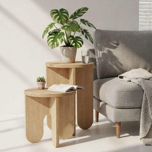May include: Two light wood side tables of different heights. A potted plant with large green leaves sits on the taller table. A small succulent in a terracotta pot and an open book are on the shorter table. A gray sofa and blanket are in the background.