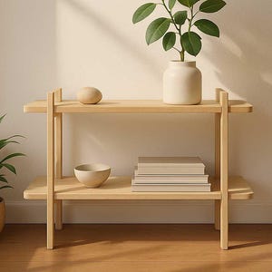 May include: A light wood two-tiered shelf with a plant in a beige vase, a small bowl, a stack of books, and a decorative stone. A potted plant sits on the floor to the left. The room has a neutral colour palette.