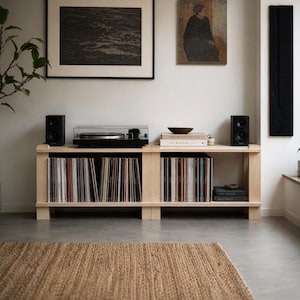 May include: A light wood record storage unit with a turntable, speakers, and framed art. The unit holds numerous vinyl records. A woven rug is on the floor. The room is decorated in neutral tones.
