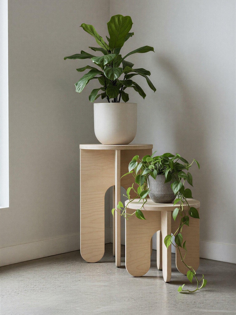 May include: Two wooden plant stands of different heights. The larger stand holds a potted plant with large, green leaves. The smaller stand has a trailing plant in a gray pot. Both stands have a light wood finish.