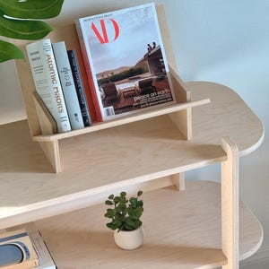 May include: A light-colored wooden bookshelf with multiple shelves. The top shelf holds a magazine with a red "AD" logo and several books, including "Atomic Habits." A small potted plant sits on a lower shelf.