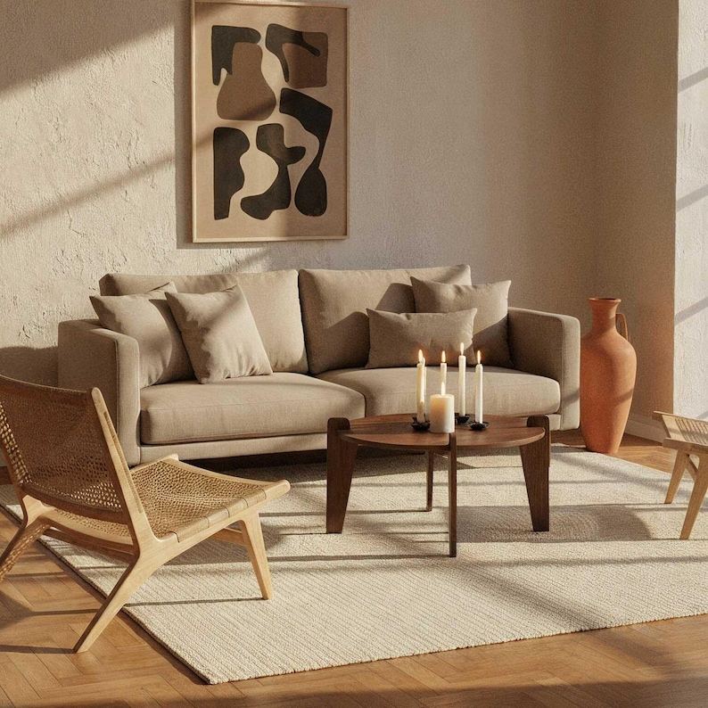May include: A living room scene featuring a beige sofa with several throw pillows, a round wooden coffee table, and a woven chair. A framed abstract art piece hangs on the wall. Candles and a large terracotta vase add decorative elements.