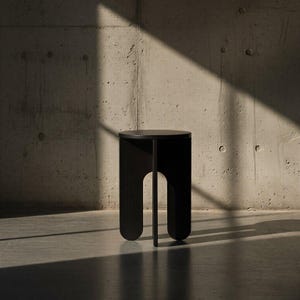 May include: A modern, black side table with a circular top and a unique, arched leg design. The table is approximately 18 inches tall and stands on a concrete floor, with a shadow cast across the surface.