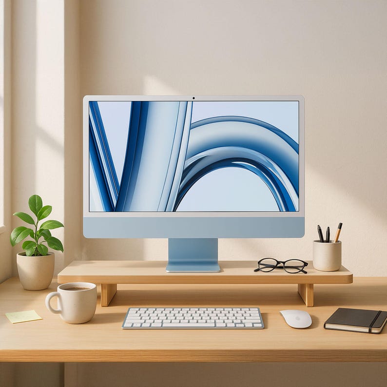 May include: A white computer monitor with a blue and white abstract design on the screen is on a wooden stand. A keyboard, mouse, and a small plant are on the desk in front of the monitor.