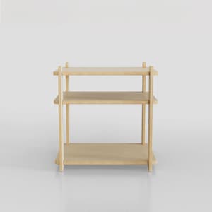 May include: A light wood shelf unit with three shelves. The shelves are made of plywood and the frame is made of solid wood.