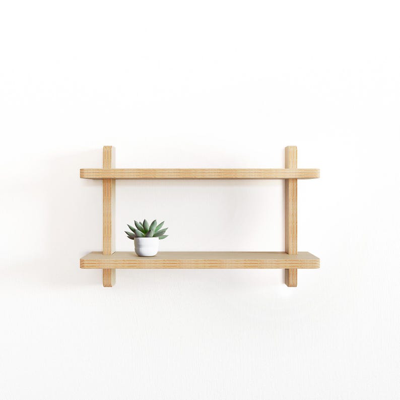 May include: A two-tiered wooden shelf with a small potted succulent plant on the top shelf.