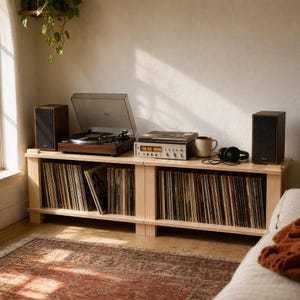 May include: A wooden record storage unit with a turntable, speakers, and a collection of vinyl records. The unit is in a living room setting with a rug and a window. The turntable is open, ready to play a record.