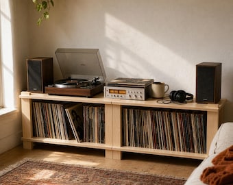 Modular Record Player Stand, Unfinished Birch Plywood Turntable Shelf, Mid-Century Modern Vinyl Storage, Tool-Free Assembly