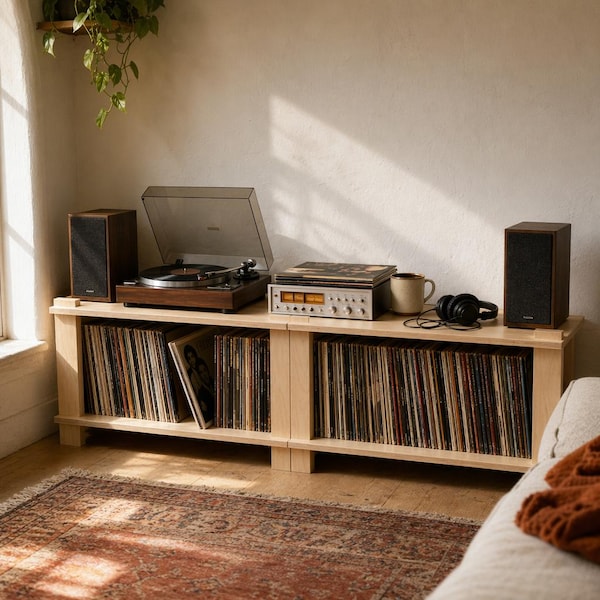 Support modulaire pour tourne-disque, étagère pour platine vinyle en contreplaqué de bouleau brut, rangement en vinyle Mid-Century moderne, assemblage sans outil