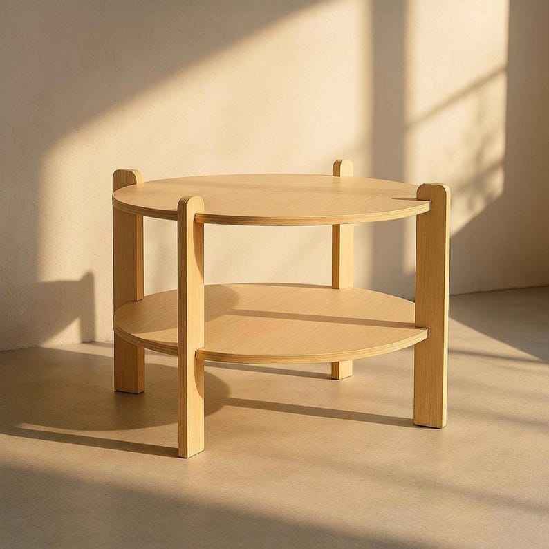 Peut inclure: Une table d'appoint ronde en bois &agrave; deux niveaux. La table a une finition en bois clair et un design simple et moderne. Les &eacute;tag&egrave;res sup&eacute;rieure et inf&eacute;rieure sont circulaires, et les pieds sont rectangulaires. La table mesure environ 61 cm de diam&egrave;tre et 46 cm de haut.
